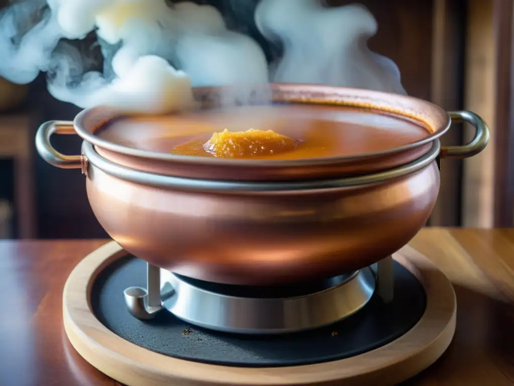 Dulce de Leche Uruguayo tradición: Imagen detallada de un caldero de cobre burbujeante con el delicioso caramelo, en una cocina tradicional