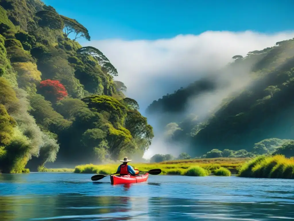 Ecoaventureros remando en río uruguayo, rodeados de naturaleza exuberante