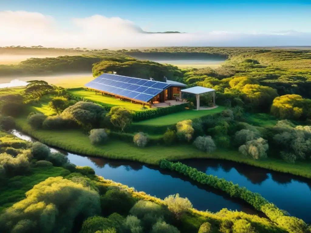 Un ecolodge de lujo sostenible en Uruguay, rodeado de exuberante vegetación con paneles solares brillando al sol y actividades sostenibles como observación de aves y agricultura orgánica