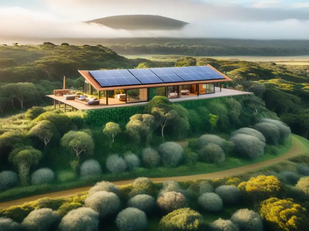 Ecolodge sostenible en Uruguay: arquitectura eco, paneles solares, huéspedes en actividades ecológicas, paisaje natural idílico