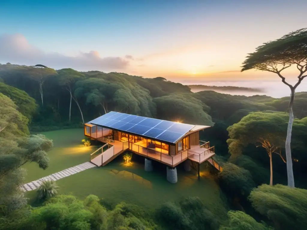 Un ecolodge sostenible en Uruguay, integrado en la naturaleza con paneles solares y ventanales, rodeado de aves y mariposas