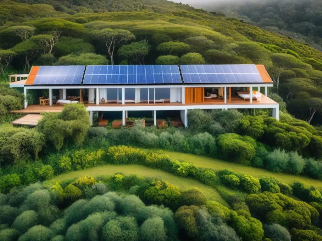 Un ecolodge sostenible en Uruguay, rodeado de naturaleza y paneles solares, muestra el impacto social de los ecolodges en Uruguay