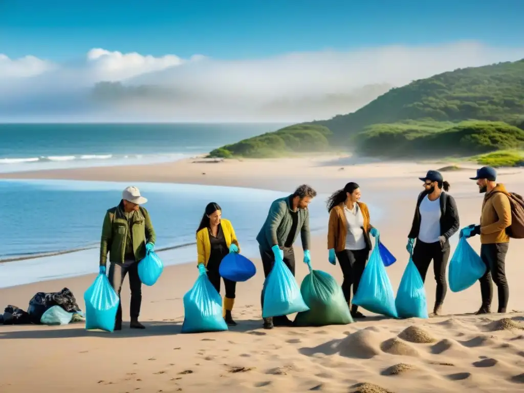 Ecolodges Uruguay protección medio ambiente: Grupo diverso de turistas ecoconscientes limpiando playa en Uruguay