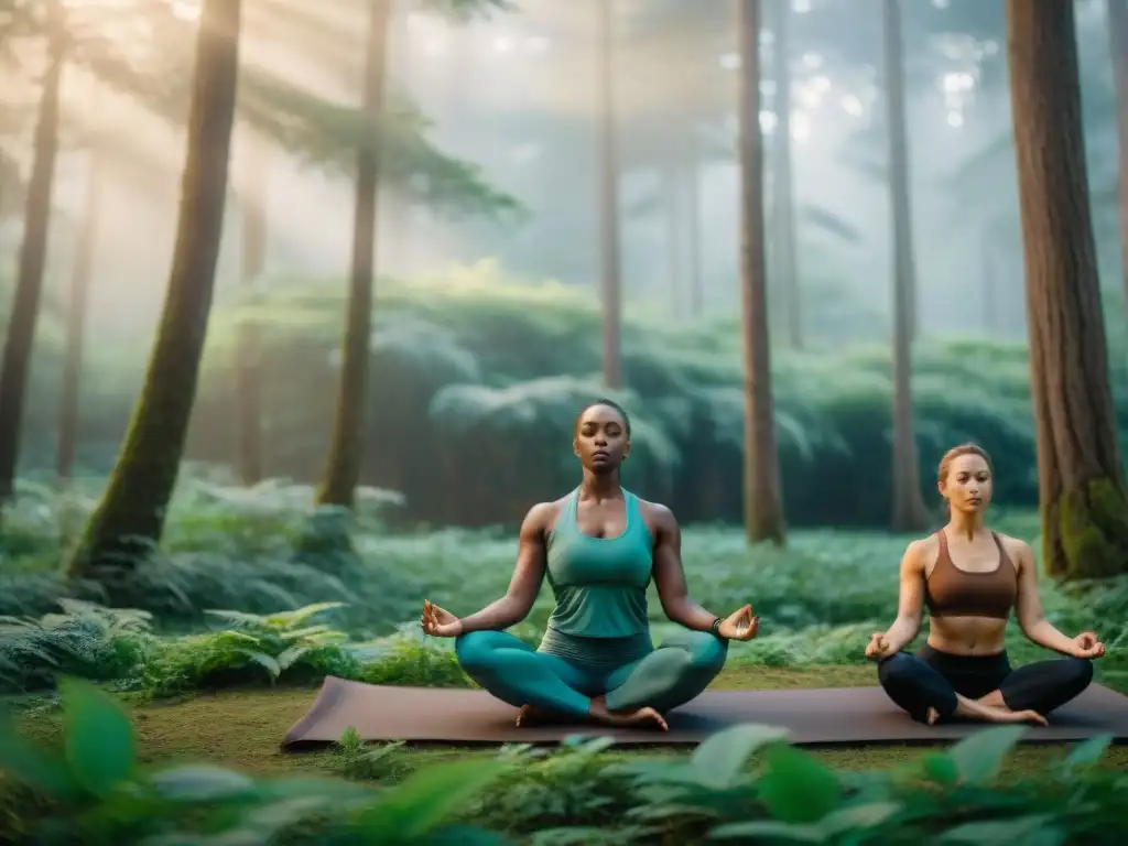 Ecoretiro yoga sostenible en Uruguay: Grupo diverso practicando yoga en bosque verde, armonía con la naturaleza