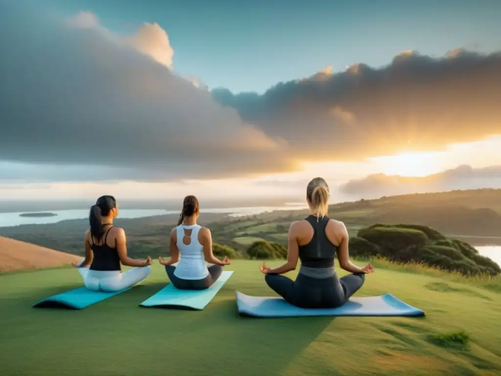 Ecoretiro de yoga sostenible en Uruguay: grupo diverso practicando yoga en colina verde junto al lago al atardecer