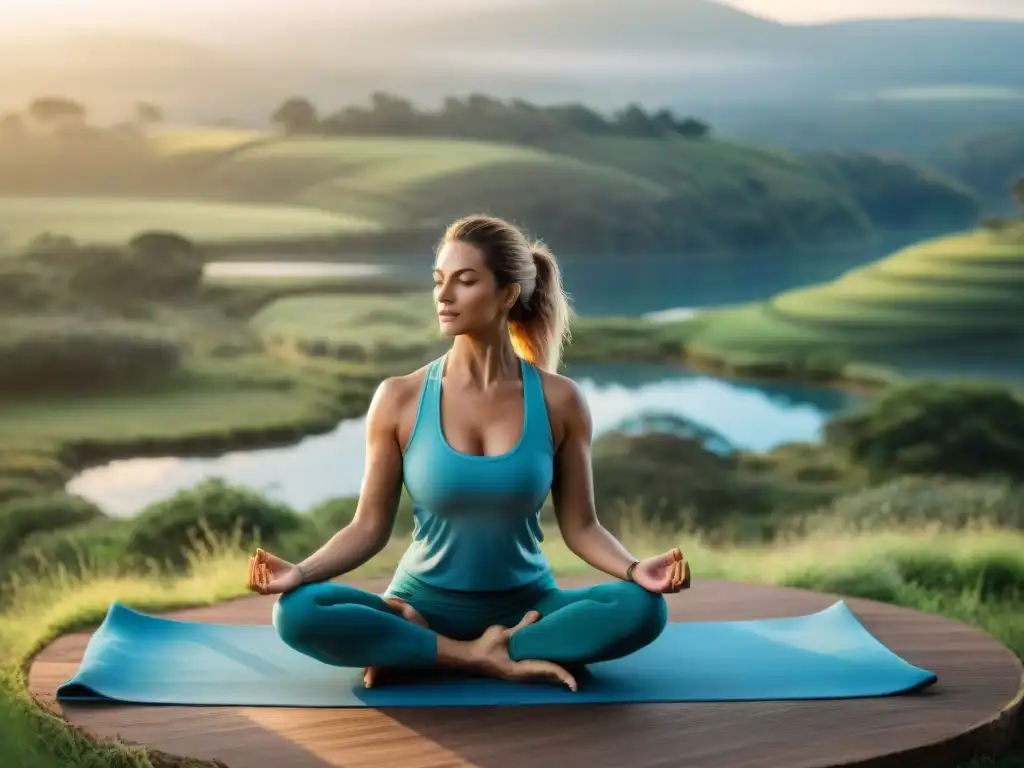 Ecoretiro de yoga sostenible en Uruguay: paisaje verde con lago, personas practicando yoga al atardecer