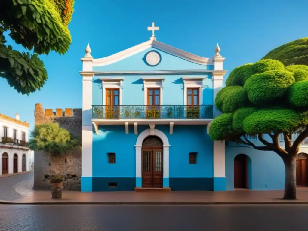 Edificio colonial en Colonia del Sacramento, Uruguay, con detalles arquitectónicos, colores vibrantes y cielo azul