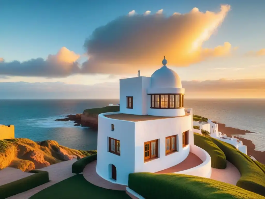 Edificio icónico de Casapueblo en Punta del Este al atardecer, bañado por luz dorada