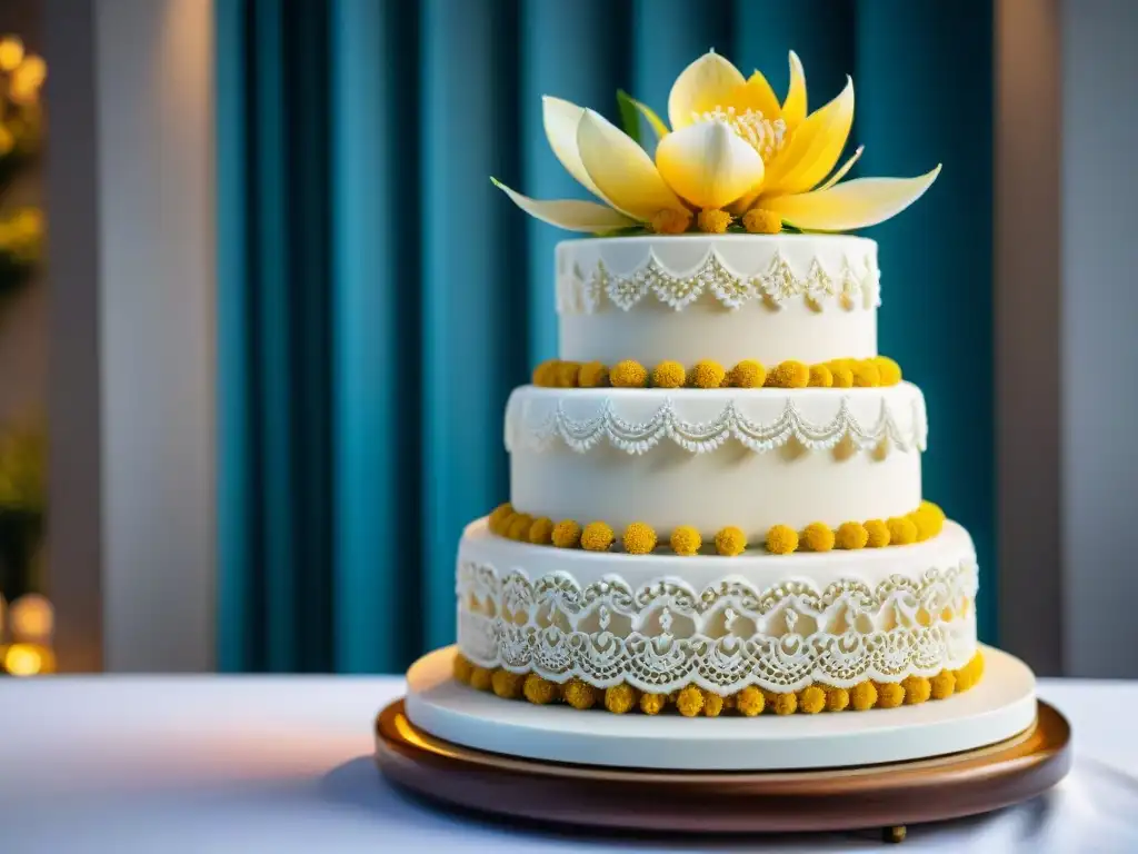 Elaboración detallada de una torta de boda uruguaya con decoraciones florales y detalles de glaseado, destacando las costumbres de boda en Uruguay