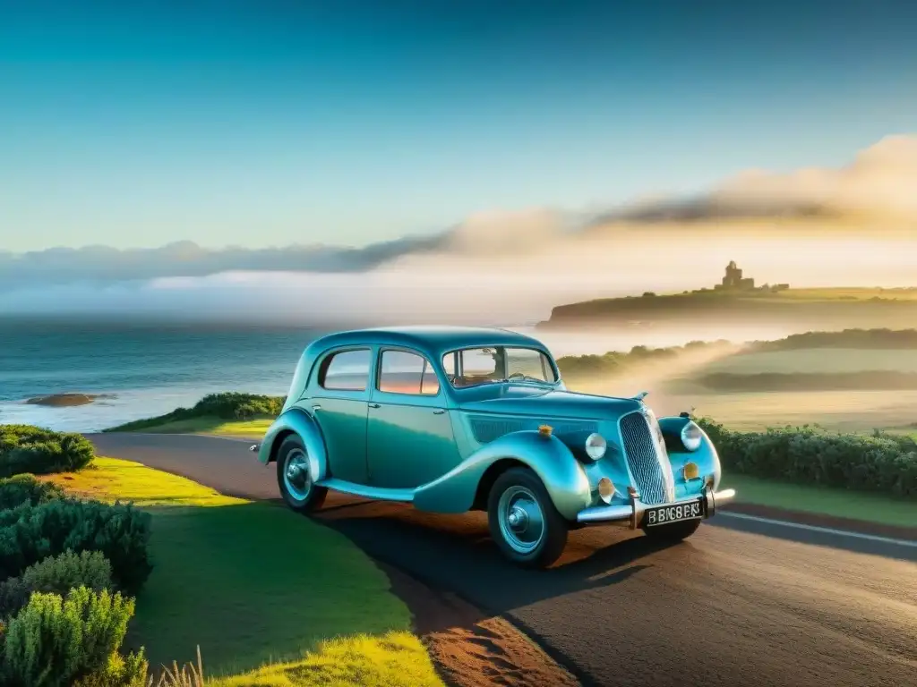 Un elegante auto clásico estacionado en la encantadora costa de Uruguay al atardecer, listo para un tour autos clásicos costa Uruguay