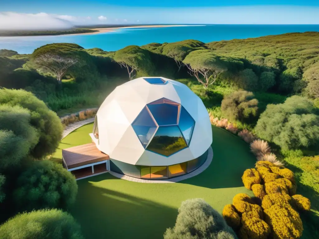 Un elegante domo geodésico en medio de exuberante vegetación en Uruguay, fusionando arquitectura sostenible y belleza natural