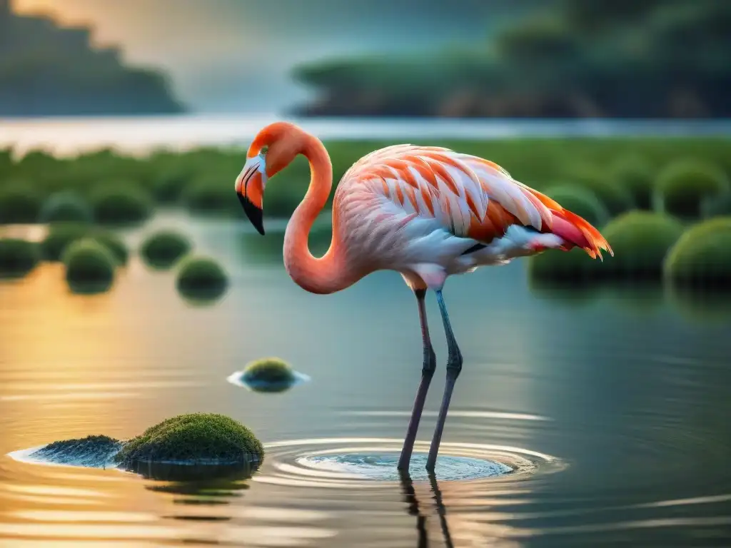 Un elegante flamenco rosado en los Esteros de Farrapos Uruguay, reflejando belleza y calma