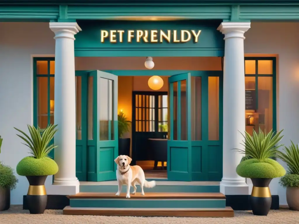 Un elegante hotel boutique petfriendly en Uruguay, con detalles arquitectónicos y huéspedes disfrutando con sus mascotas