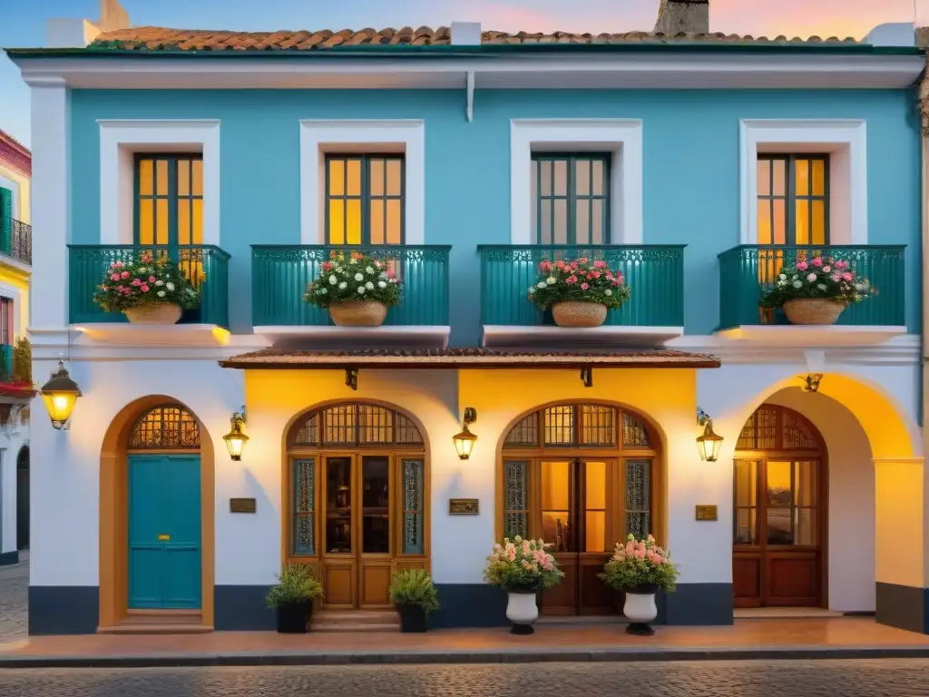 Un elegante hotel boutique en Uruguay con detalles arquitectónicos, flores coloridas y artesanía tradicional uruguaya