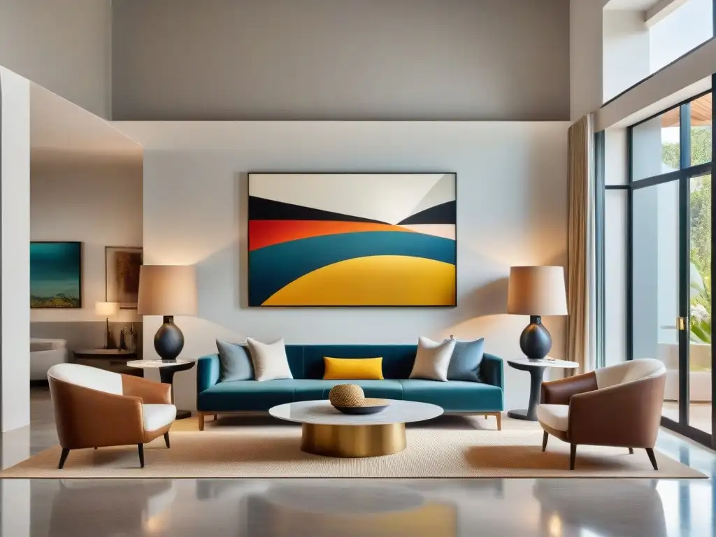 Un elegante lobby de hotel boutique en Uruguay con arte contemporáneo: pinturas abstractas y esculturas modernas iluminadas por luz natural