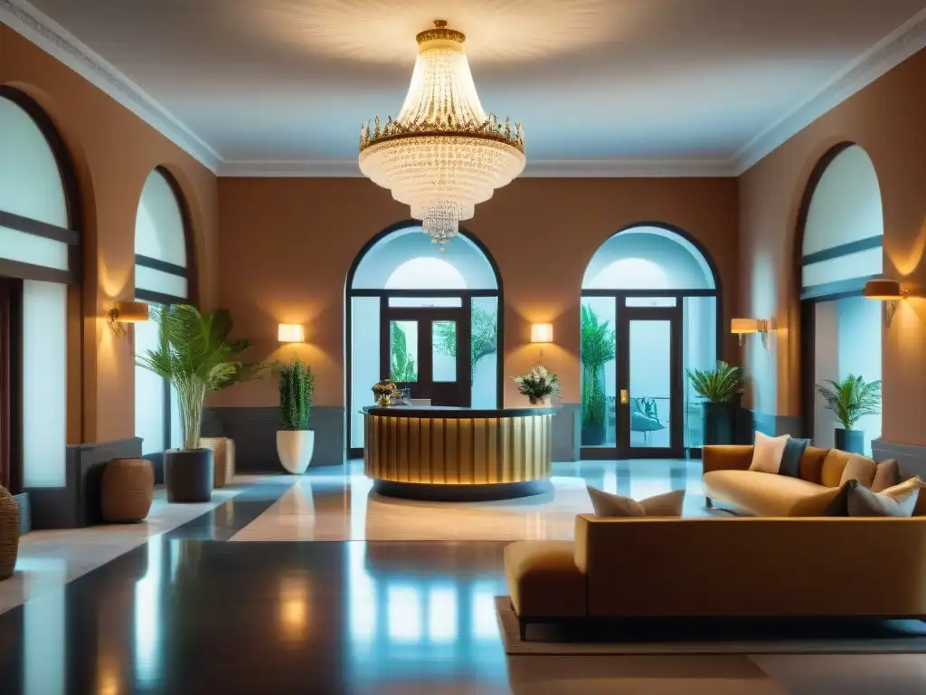 Elegante lobby de hotel boutique en Montevideo, Uruguay, con detalles arquitectónicos y mobiliario contemporáneo