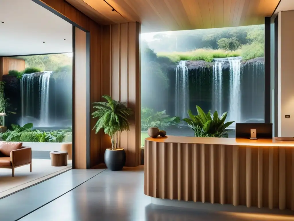 Elegante lobby de hotel boutique en Uruguay, con recepción minimalista y vista a jardín sereno con cascada