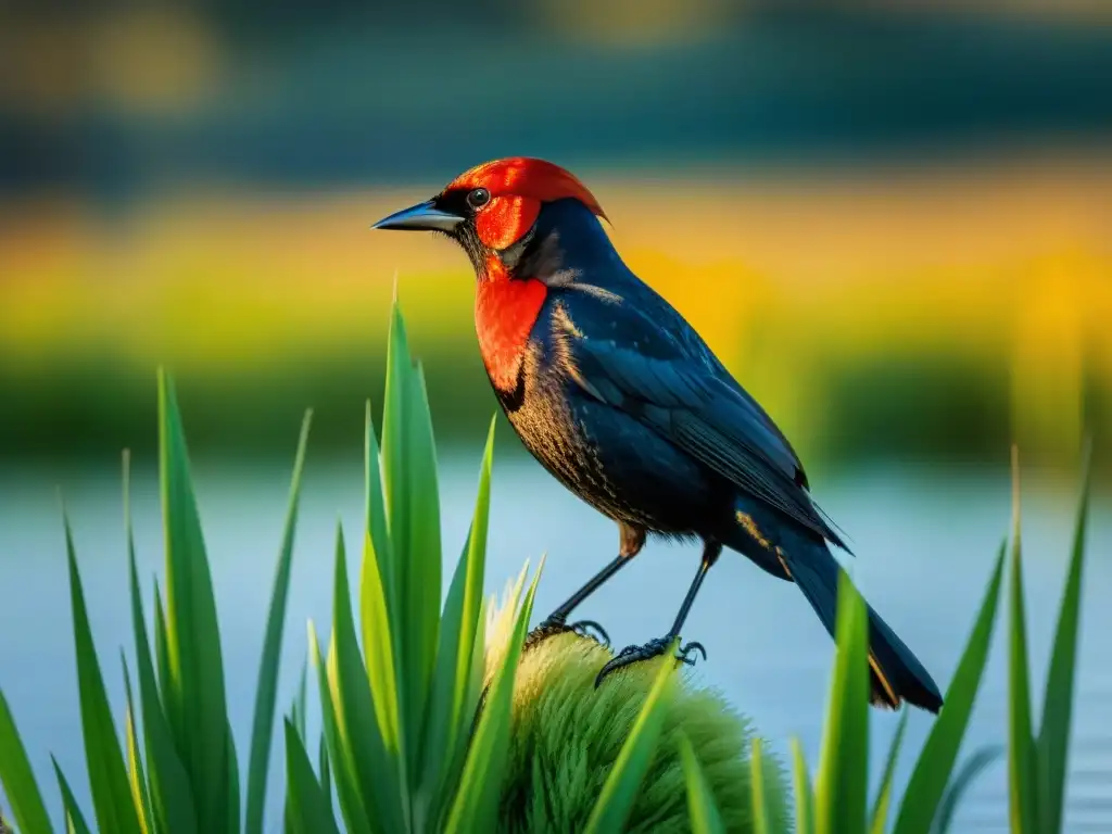 Elegante Scarletheaded Blackbird posado en un junco verde, reflejando la belleza de las especies únicas en Uruguay