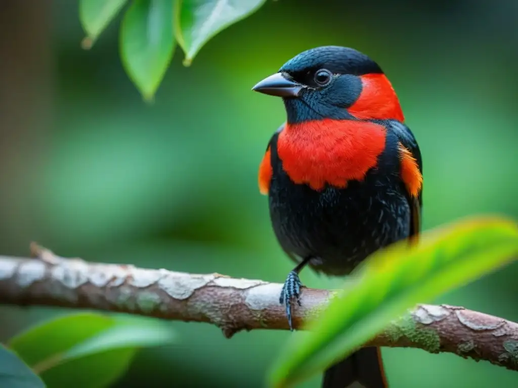 Elegante tanager rojo y negro posado en rama verde brillante, con plumaje resplandeciente bajo el sol