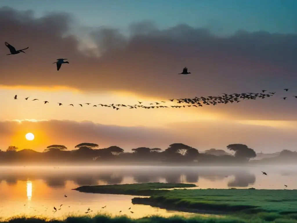 Elegante vuelo de aves migratorias en Uruguay sobre humedales al atardecer