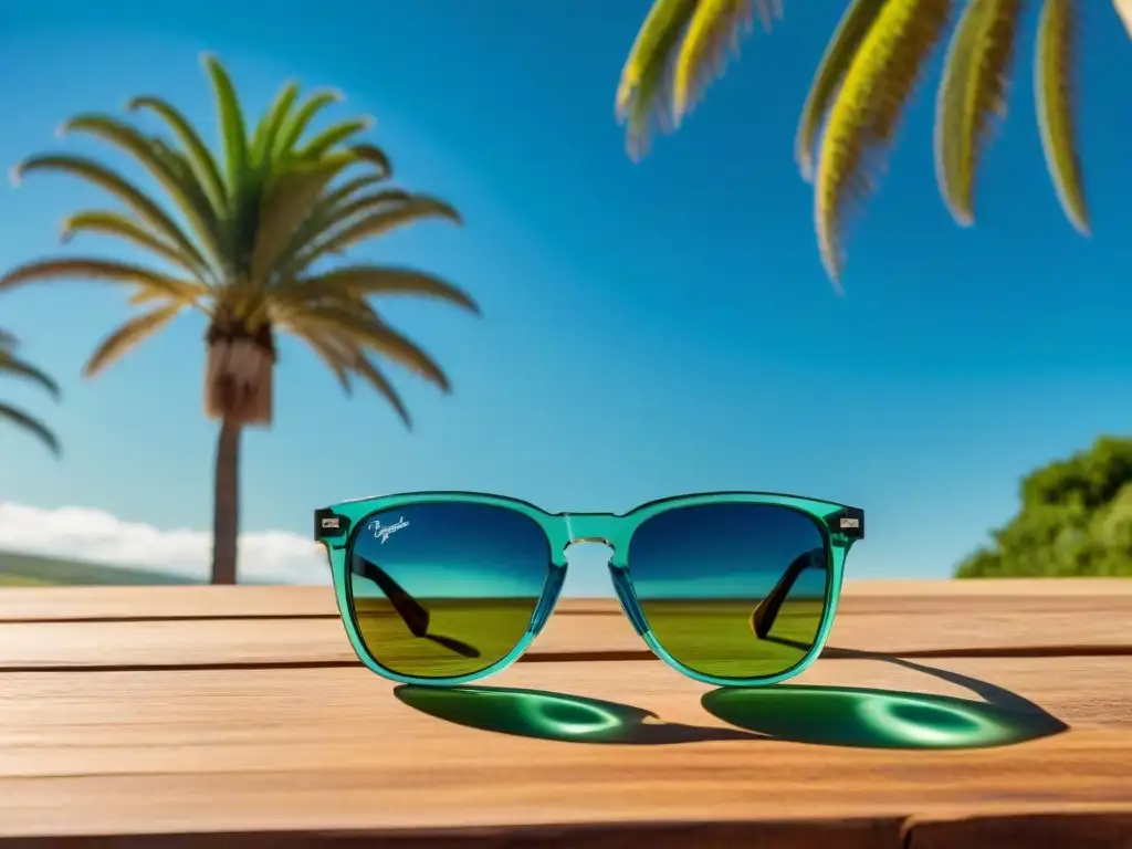 Unas elegantes gafas de sol polarizadas sobre una mesa de madera, con palmeras verdes y cielo azul de fondo en Uruguay