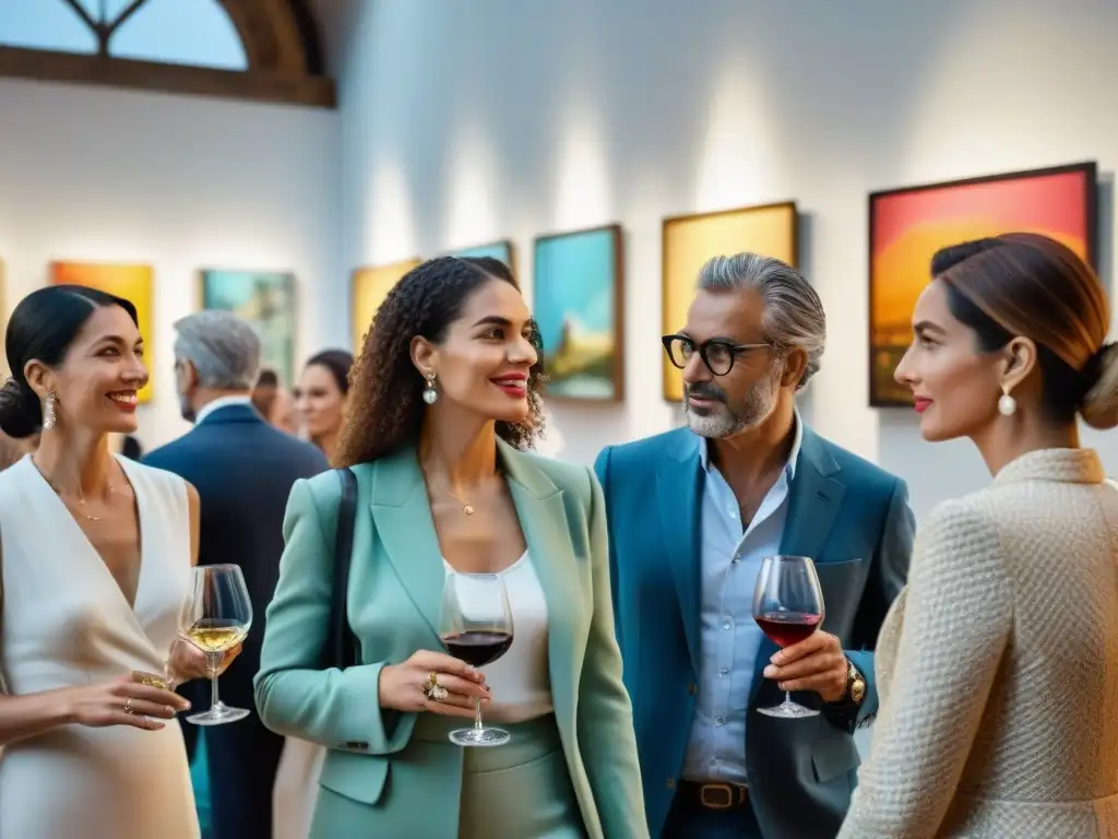 Elegantes invitados conversan y admiran arte en galería de Uruguay durante cenas exclusivas