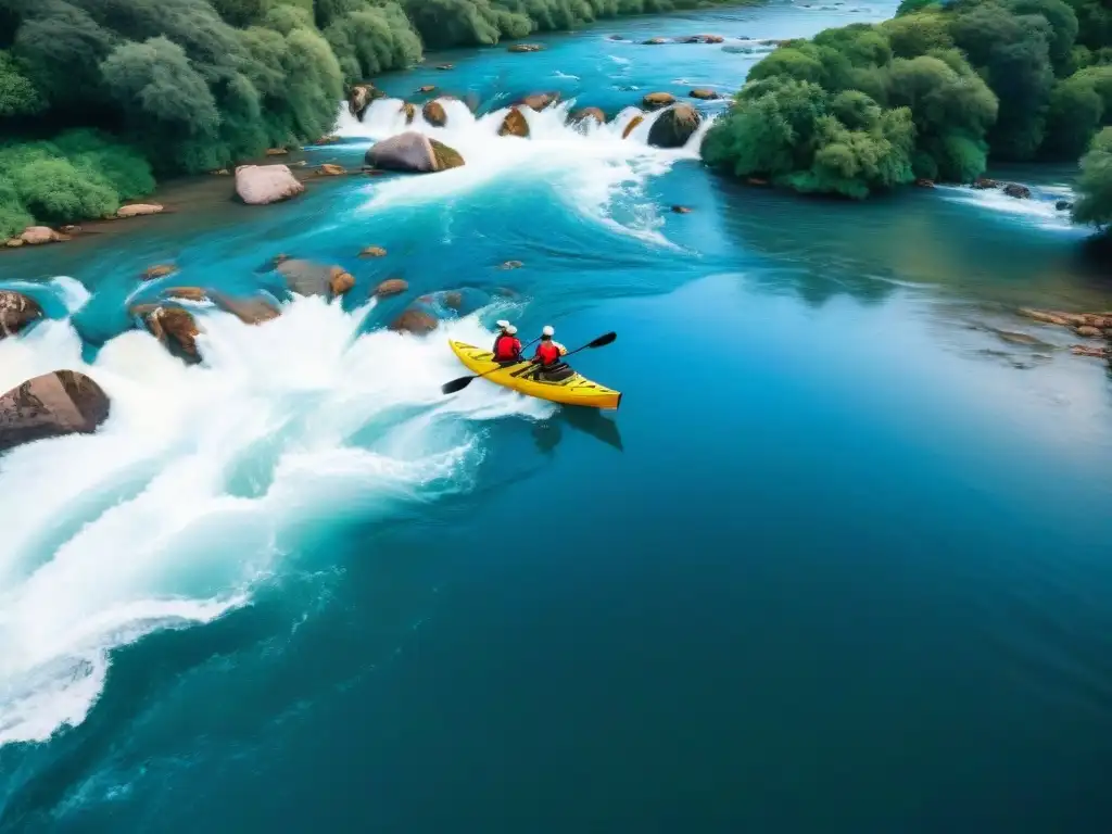 Emoción y aventura: kayakers en rápidos de Uruguay bajo cielo azul y exuberante vegetación