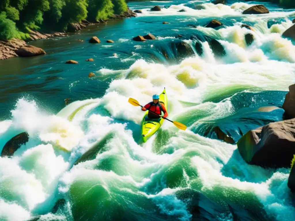 Experimenta la emoción del canotaje en rápidos Uruguay con esta imagen impresionante de kayaks coloridos surcando aguas turbulentas