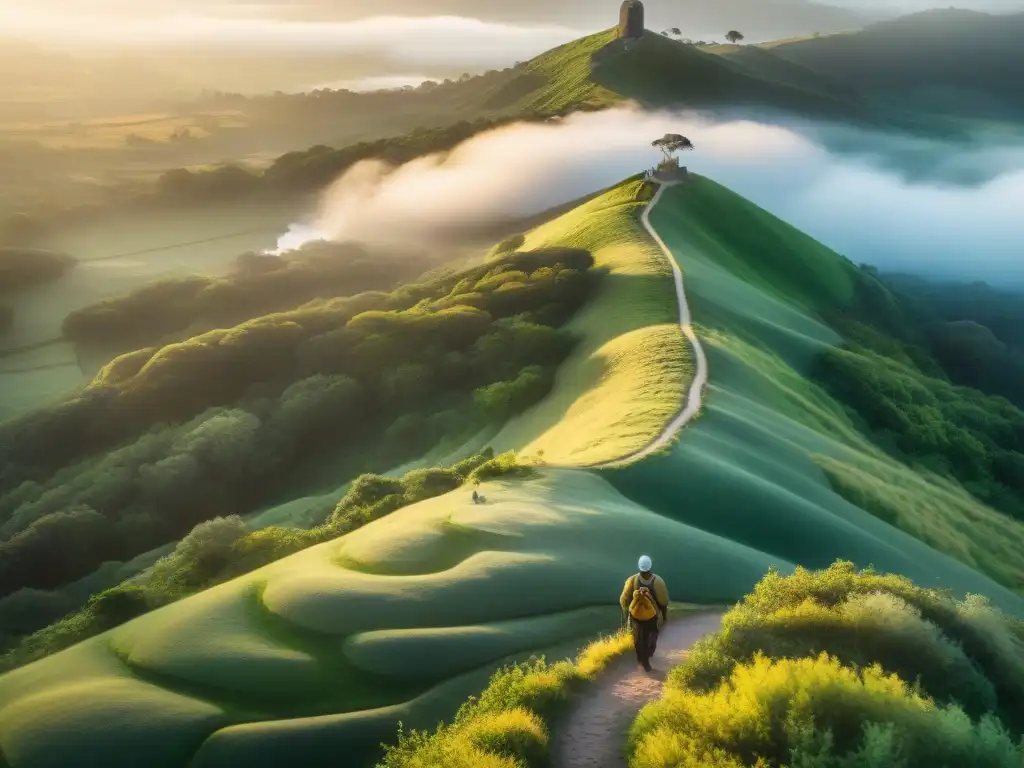 Un emocionante atardecer en Cerro Verdún, Uruguay, donde peregrinos caminan entre la exuberante naturaleza