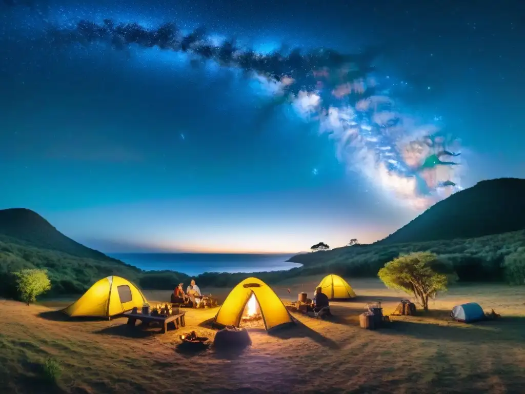 Emocionante campamento en Uruguay con fogata y tiendas iluminadas bajo un cielo estrellado