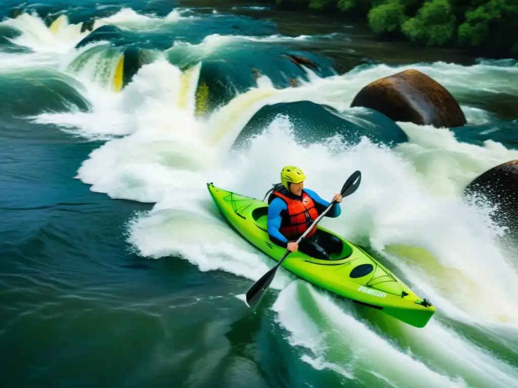 Emocionante canotaje en rápidos Uruguay, kayakers navegando con determinación en aguas turbulentas