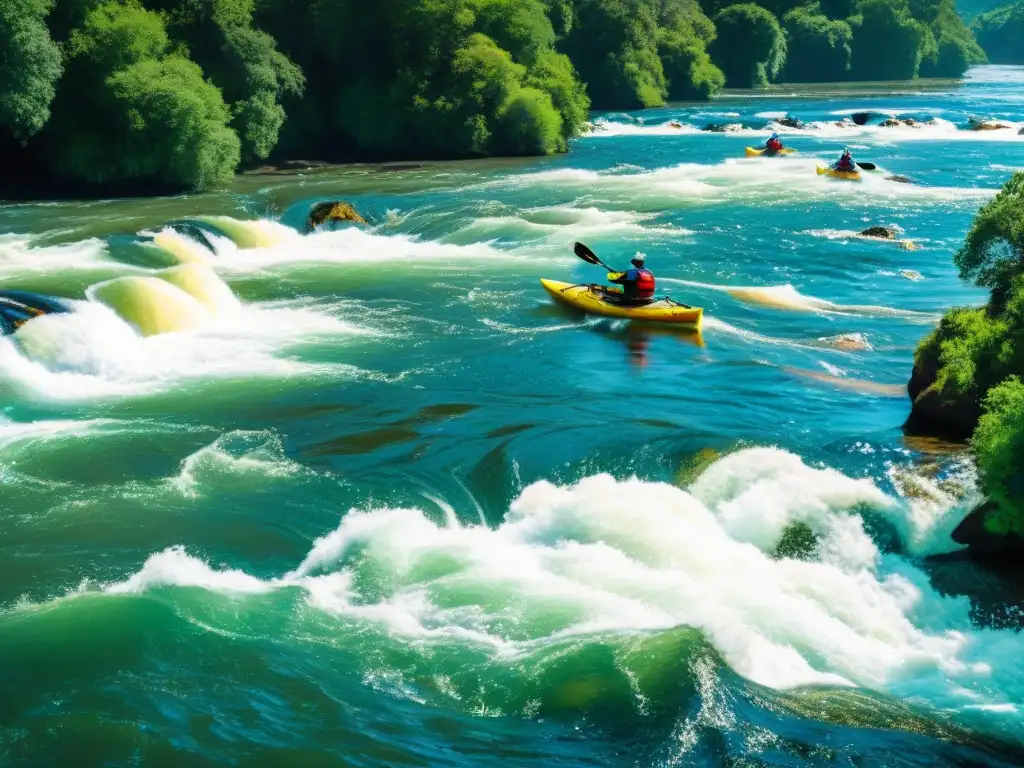 Emocionante canotaje en rápidos Uruguay: kayakistas hábiles enfrentan las turbulentas aguas con intensidad y destreza