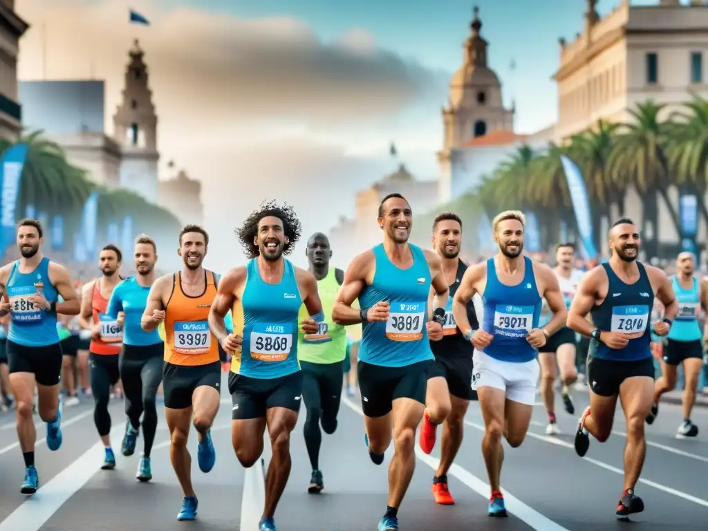 Un emocionante maratón en Montevideo, Uruguay, con corredores determinados cruzando la meta