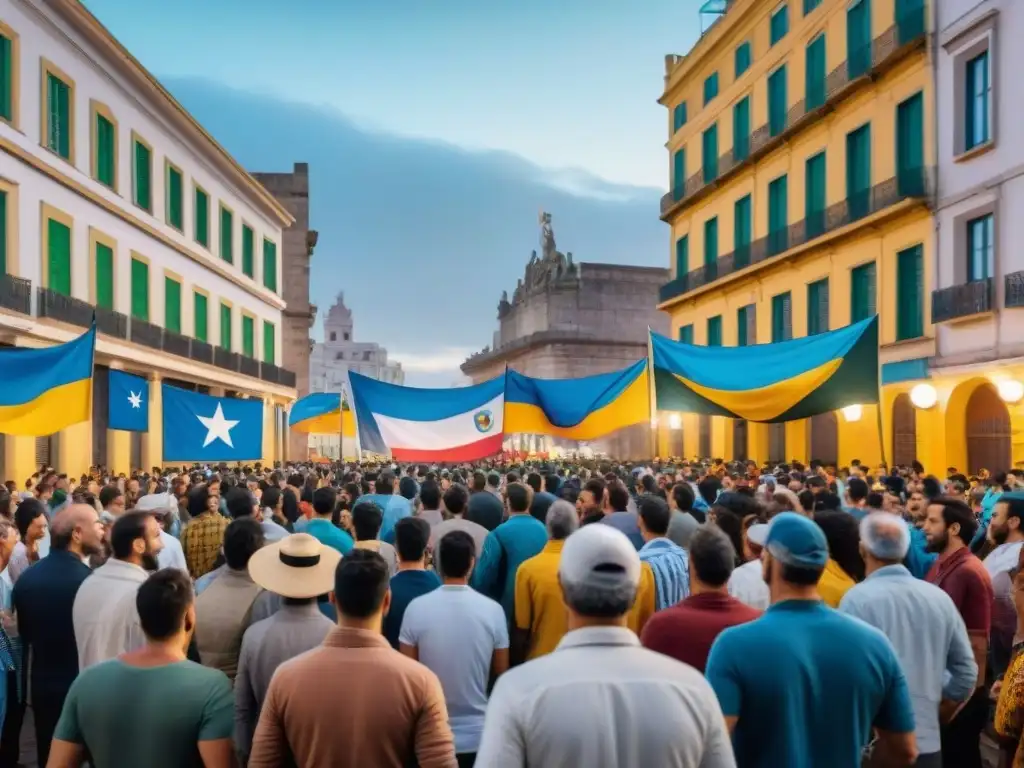 Emocionante escena de fútbol y comunidad en Uruguay, con aficionados animados y vibrante ambiente callejero