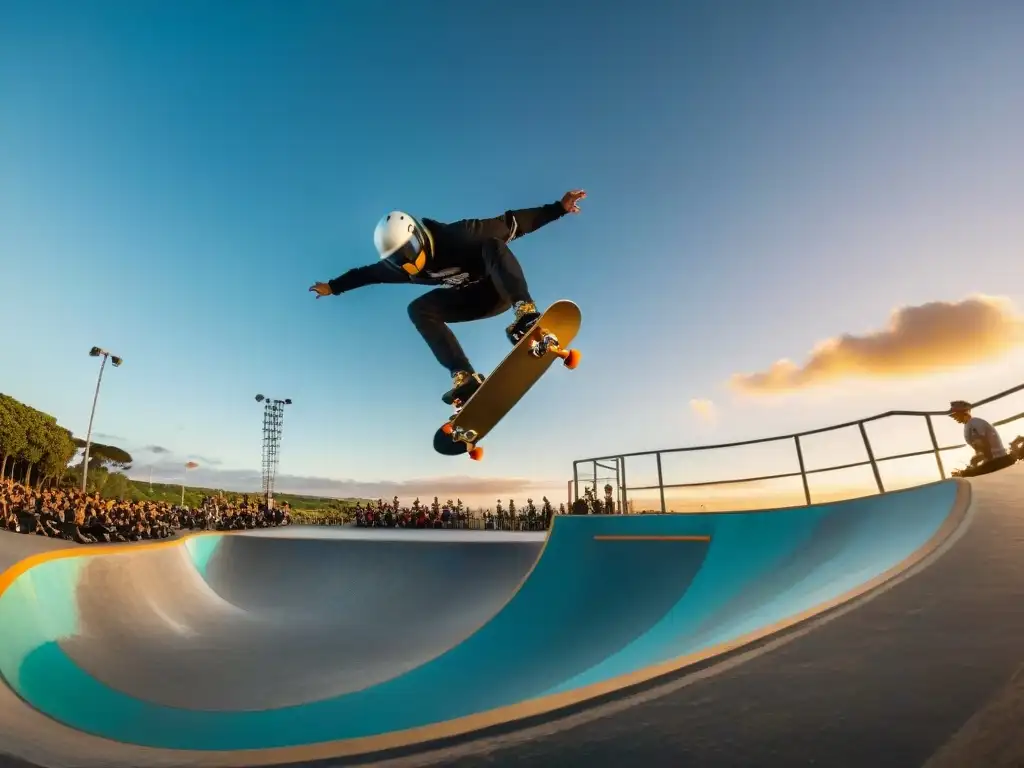 Emocionante escena de skateboarders y BMX riders ejecutando trucos en skatepark de Uruguay al atardecer