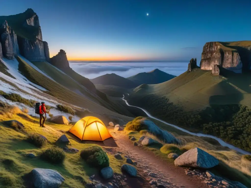 Un emocionante grupo de exploradores en aventura nocturna en Quebrada de los Cuervos, Uruguay, iluminados por sus linternas, bajo el cielo estrellado