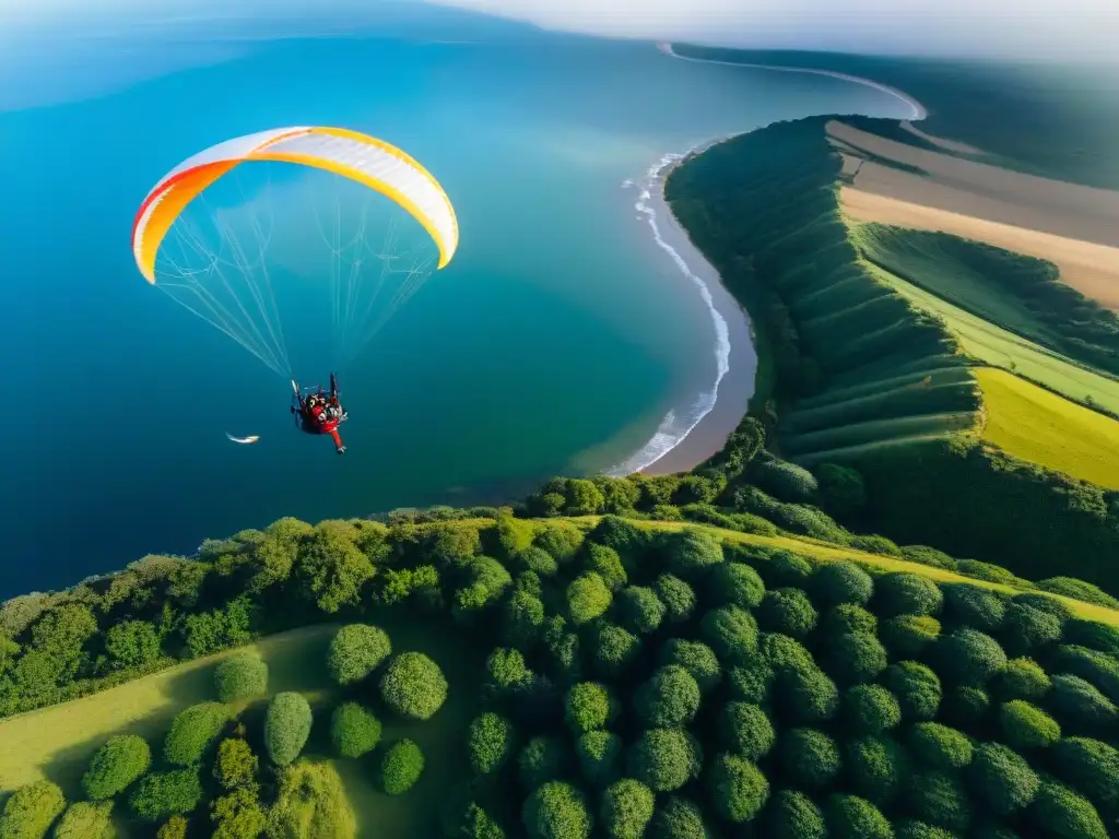 Emocionante parapente tándem en Uruguay, volando sobre exuberante paisaje verde