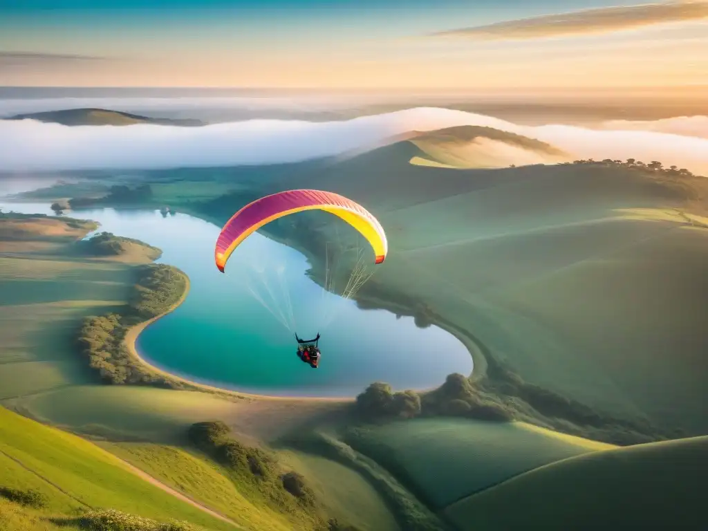 Emocionante parapente tándem sobre atardecer en Uruguay, reflejo en lago tranquilo