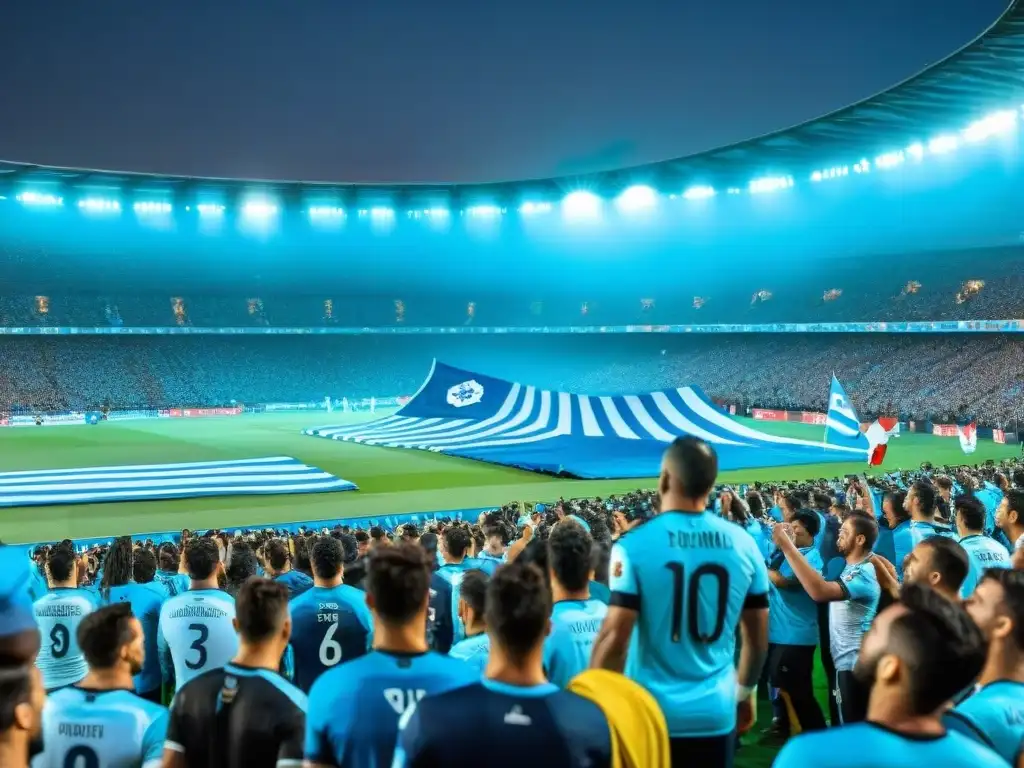 Emocionante partido de fútbol en estadio lleno en Uruguay, con fans vibrantes y colores icónicos