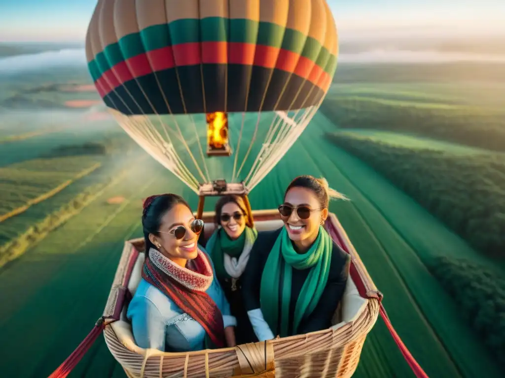 Emocionante paseo en globo sobre Uruguay con pasajeros felices y paisaje verde