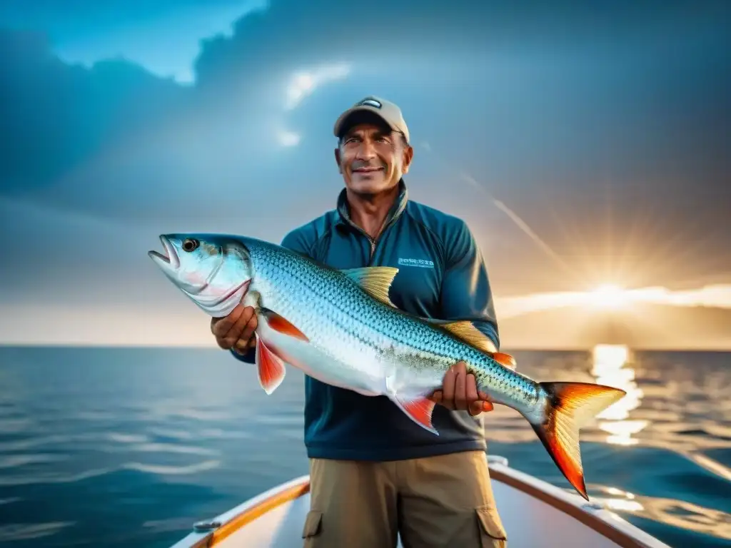 Emocionante pesca deportiva trofeos Uruguay: pescador orgulloso con gran pez trofeo en barco en aguas brillantes