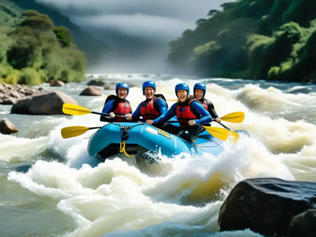 Emocionante rafting en el río Uruguay, viajeros en wetsuits y cascos