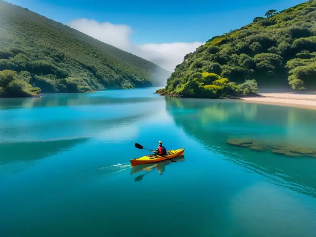 Emocionante ruta de kayak en Uruguay, remando en Laguna Garzón con el puente circular y exuberante vegetación