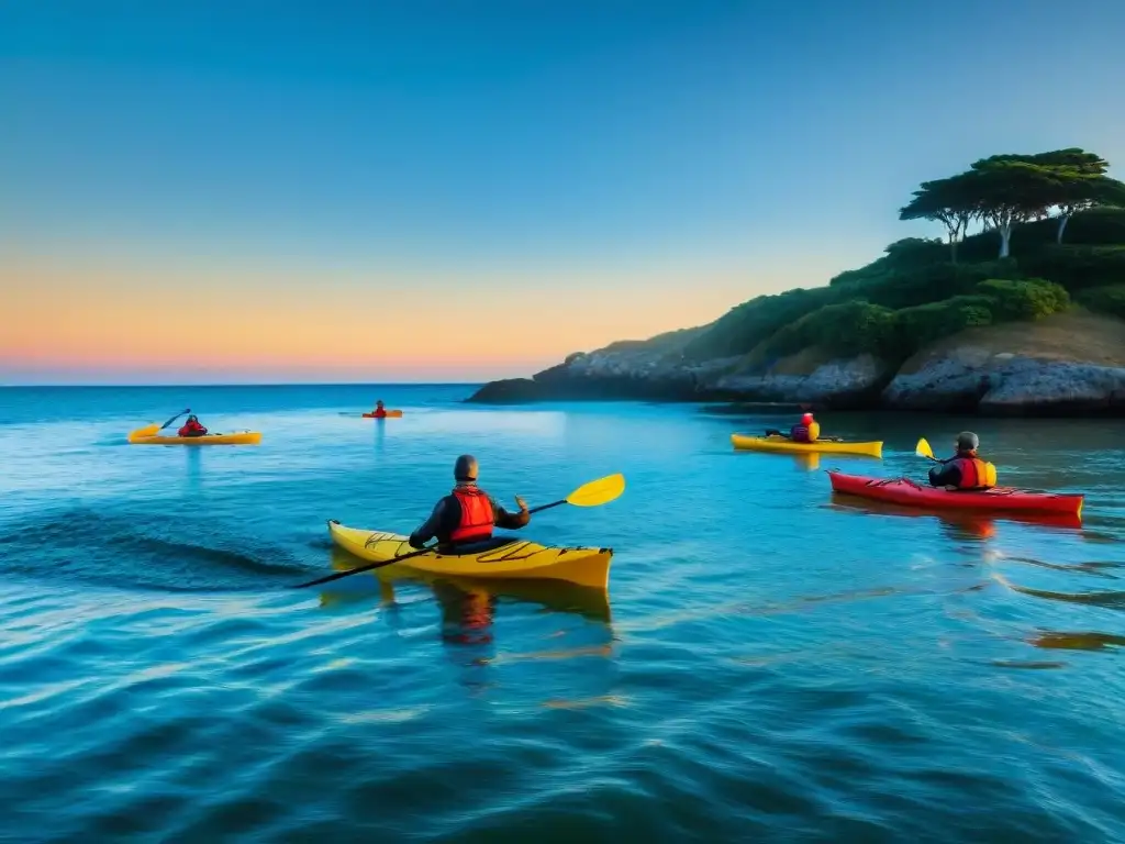 Emocionante travesía en kayak al atardecer en la costa de Uruguay, destacando la belleza natural