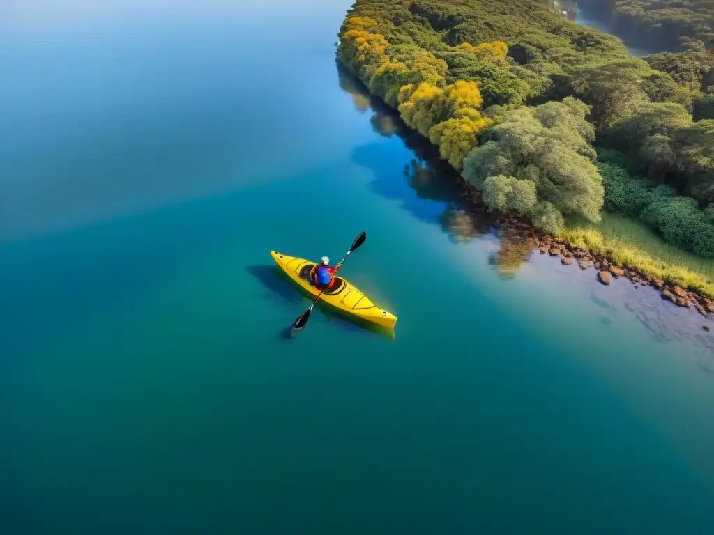 Emocionante vista aérea de kayaks en Laguna Garzón, rodeados de vegetación y la cálida luz del atardecer