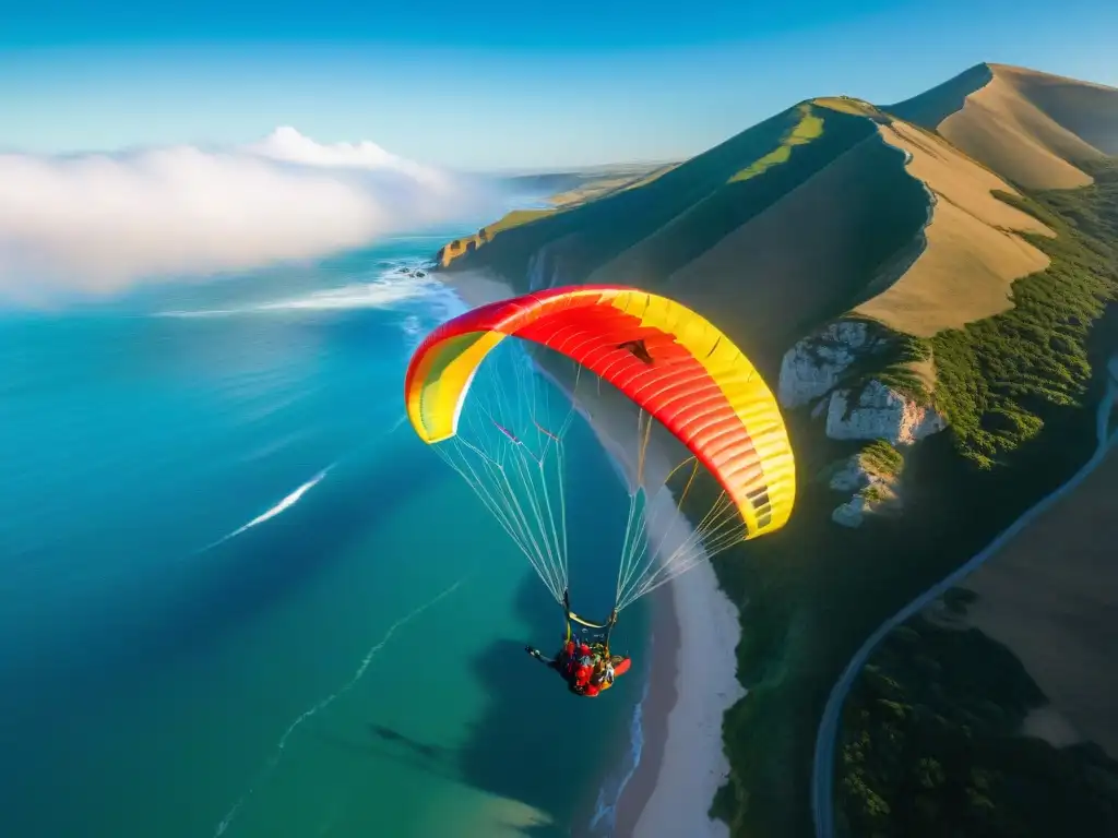 Emocionante vuelo en parapente sobre acantilados de Punta Ballena, Uruguay, transmitiendo libertad y belleza natural