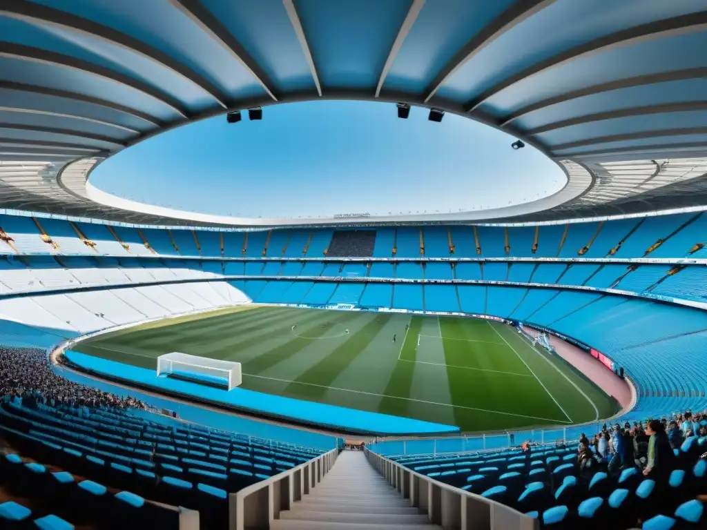 Emotiva escena de fútbol en el Estadio Centenario de Montevideo, con fans uruguayos vibrantes