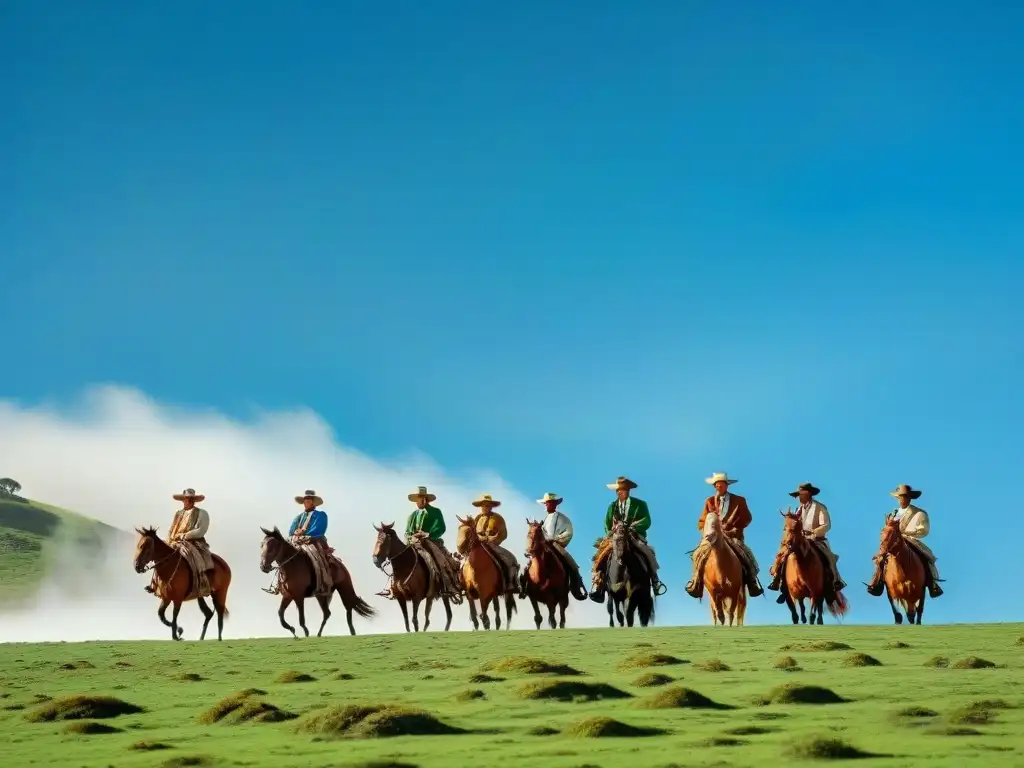 Emotiva escena de gauchos en la Fiesta Patria Gaucha Uruguay, conduciendo ganado en las llanuras verdes bajo un cielo azul claro