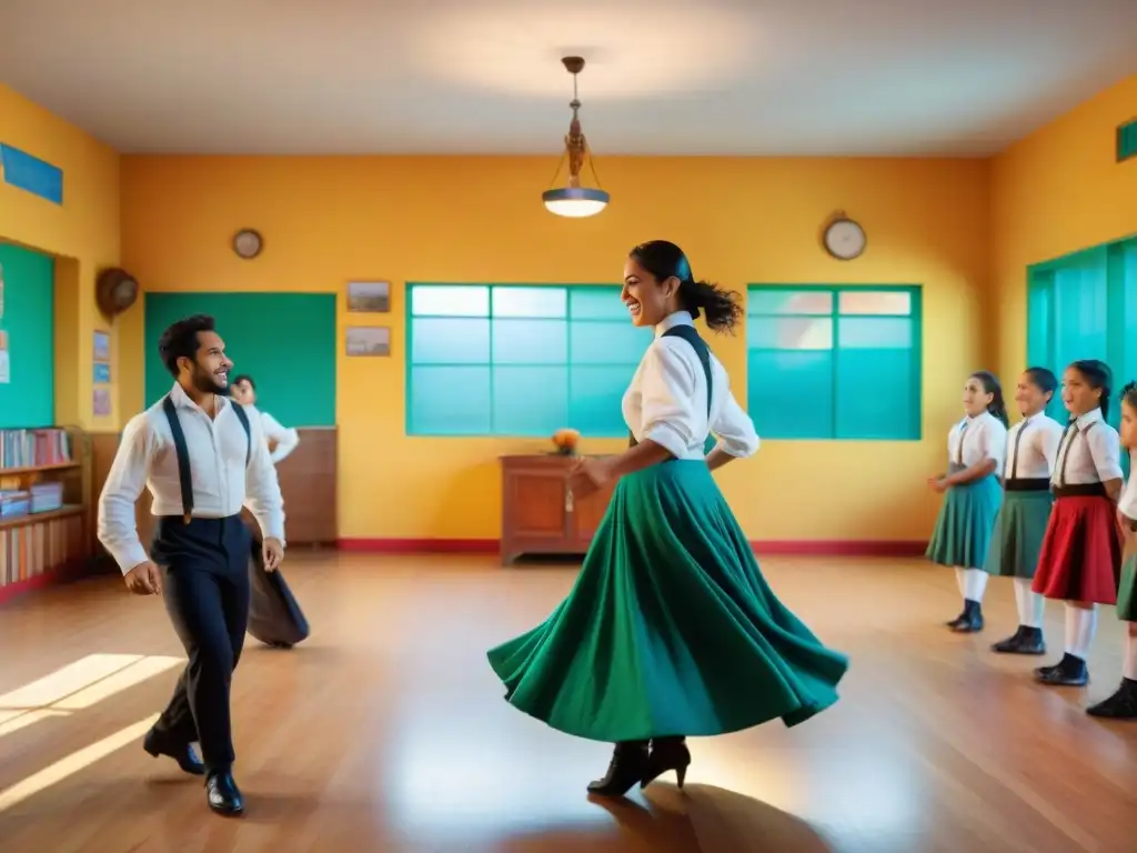 Emotiva representación de niños uruguayos bailando folclore en un aula colorida