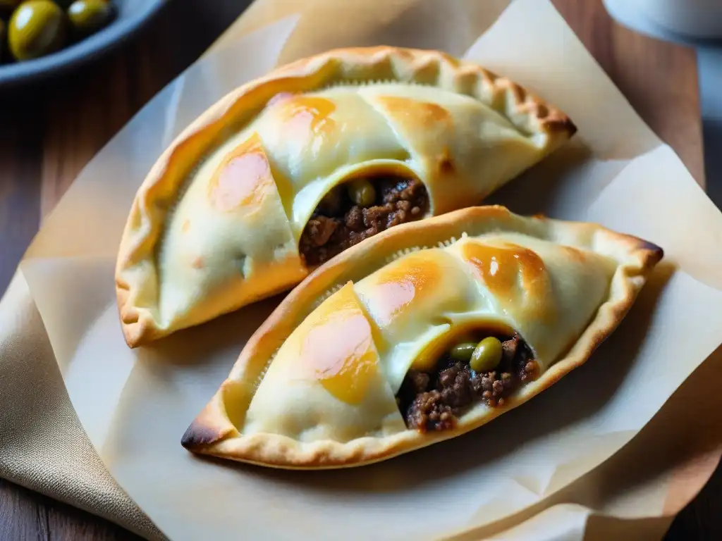 Una empanada uruguaya recién horneada con crujiente masa dorada y un relleno sabroso de carne, aceitunas, pasas y huevo duro